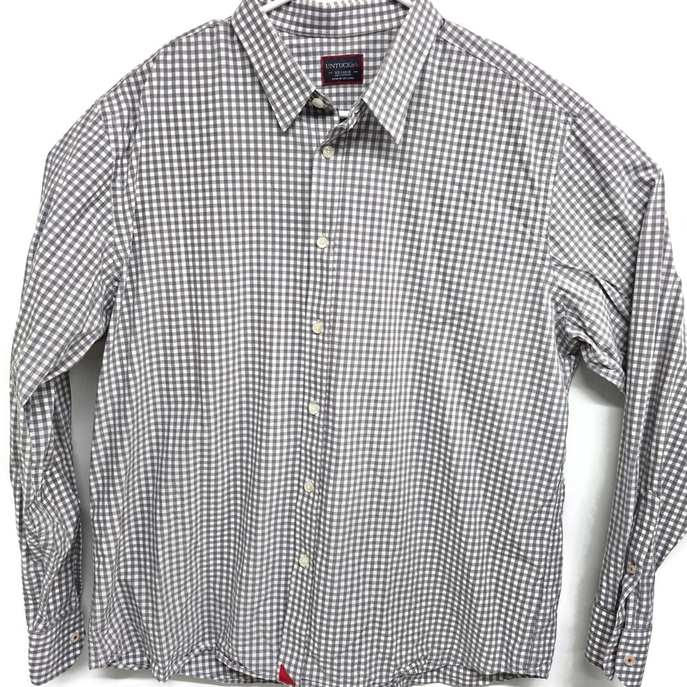 UNTUCKit Mens XXL Gingham Button Down Shirt Grey White Long Sleeve Cotton